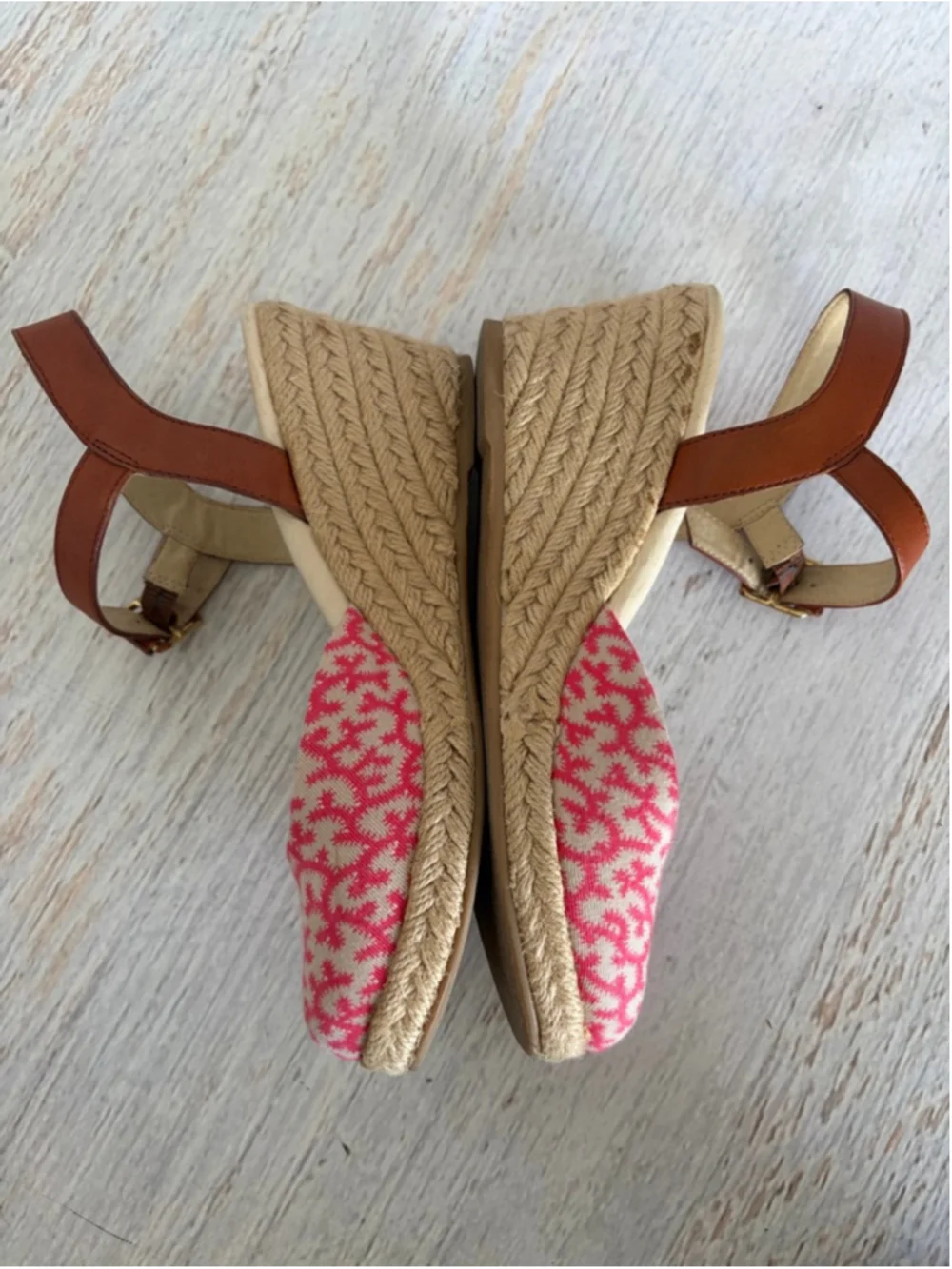 Women's Lands' End Pink Beige Patterned Espadrille Wedges 7.5